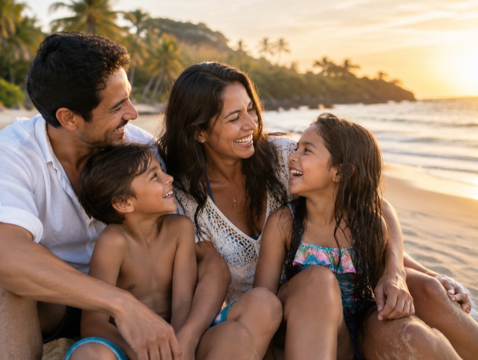 Familia riendo en la playa al atardecer
