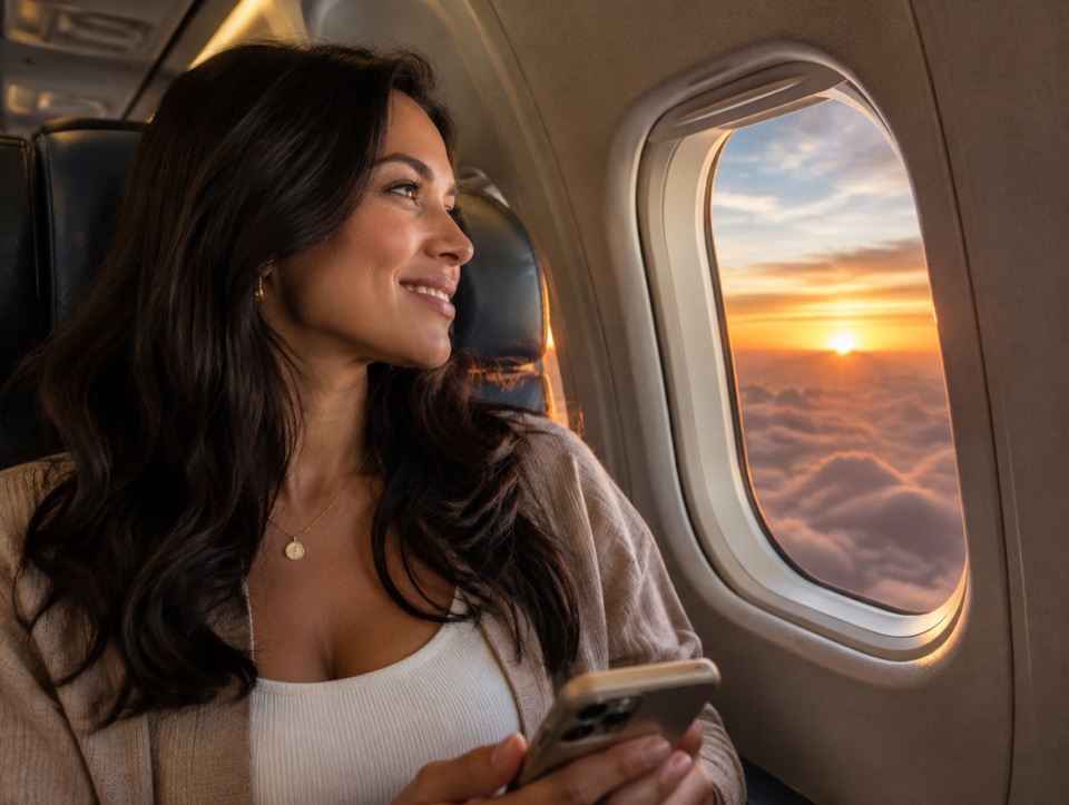Mujer viajando, mirando el atardecer desde un avión